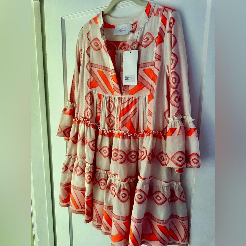 Kasia Greek designer dress Aztec print flowy ruffle hem RUNS LARGE